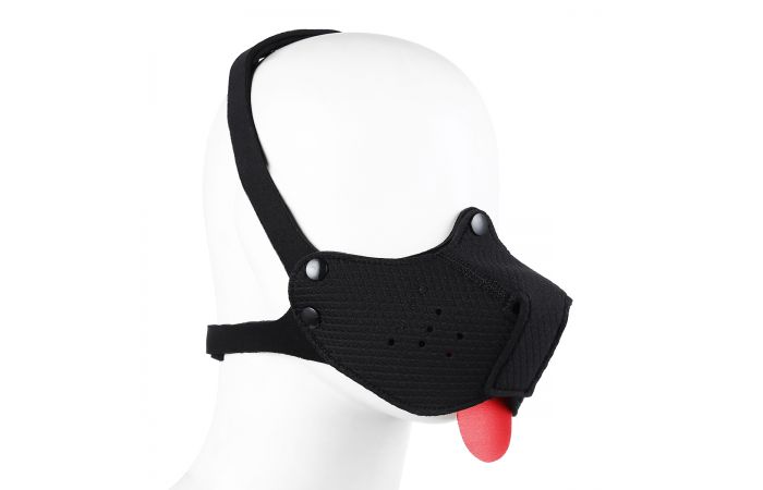 Maschera divertente cagnolino nera in neoprene con linguetta di fuori rossa