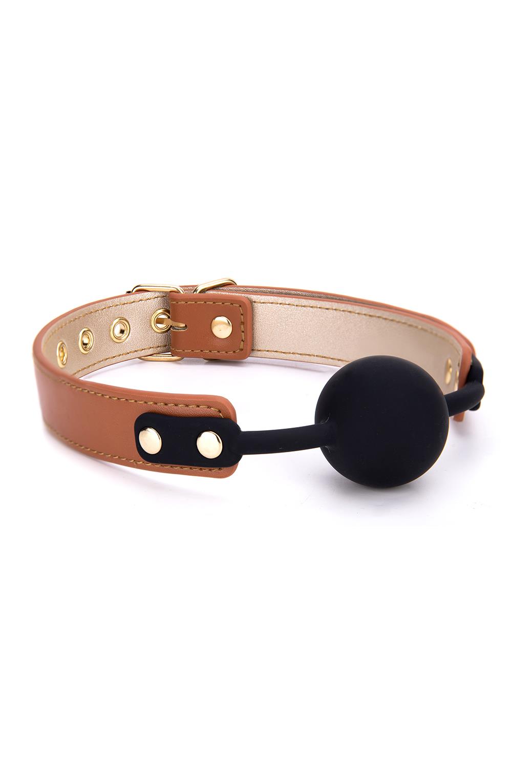 Gag ball BDSM in ecopelle di colore marrone e nero con cinghia regolabile