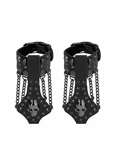 Costrittori polsi regolabili con cinghia di colore nero in ecopelle con accessori in metallo di teschi e borchie