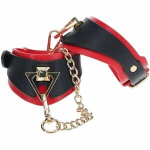 Costrittori BDSM per polsi in PU e metallo regolabili di colore rosso e nero
