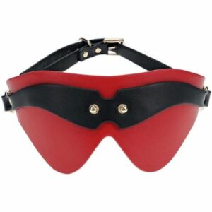 Mascherina bondage in ecopelle rossa e nera con inserti in metallo regolabile con cinghia
