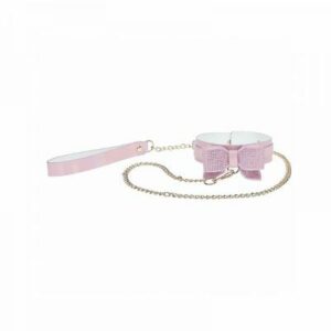 Collare BDSM regolabile rosa con fiocchetto e brillantini e guinzaglio a catena rimovibile