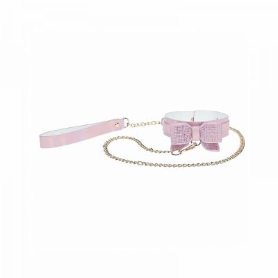 Collare BDSM regolabile rosa con fiocchetto e brillantini e guinzaglio a catena rimovibile