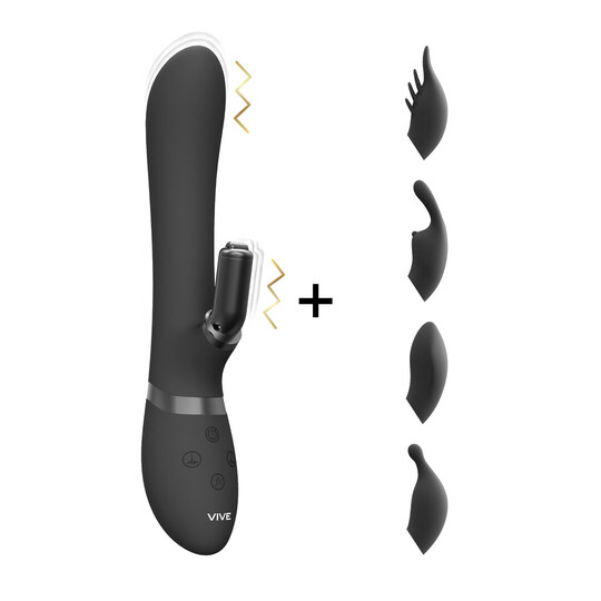 Vibratore rabbit e punto G in silicone ABS di colore nero triplo motore con 4 testine rabbit intercambiabili
