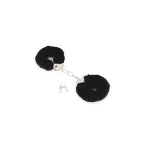 Manette in metallo con pelo nero, lucchetto e chiavi