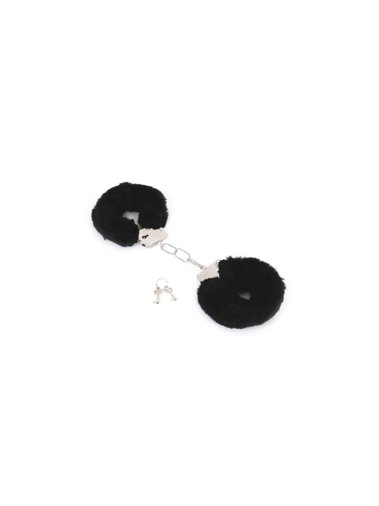 Manette in metallo con pelo nero, lucchetto e chiavi