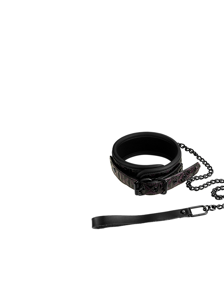 Collare BDSM regolabile tramite cinghia e imbottito con guinzaglio di colore nero e viola in PU, neoprene e PVC ABS