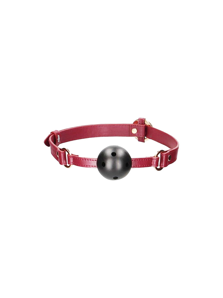 Gagball BDSM in ecopelle, PU e metallo con cinghia regolabile di colore rosso scuro