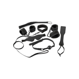 Kit bondage con gag ball, mascherina, collare con guinzaglio, costrittori di colore nero