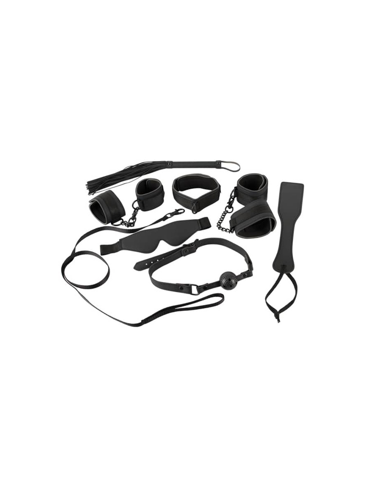 Kit bondage con gag ball, mascherina, collare con guinzaglio, costrittori di colore nero