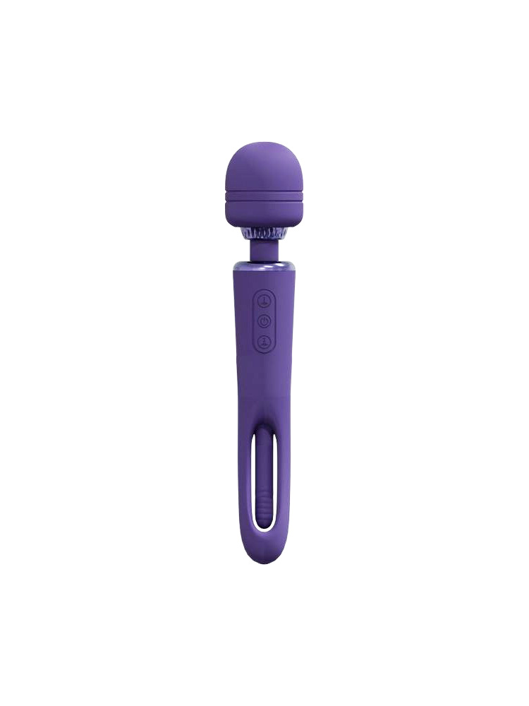 Vibratore wand in silicone doppia funzione vaginale e clitoridea con lingua vibrante di colore viola