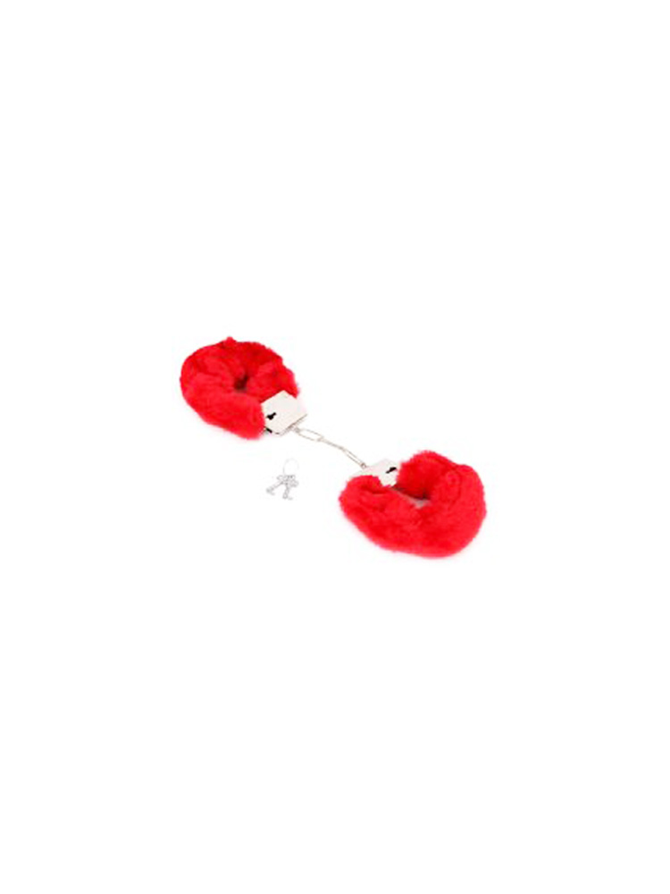 Manette in metallo con pelo rosso, lucchetto e chiavi