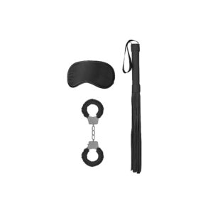 Kit bondage per principianti fornito di flogger, manette con pelo e mascherina tutto di colore nero