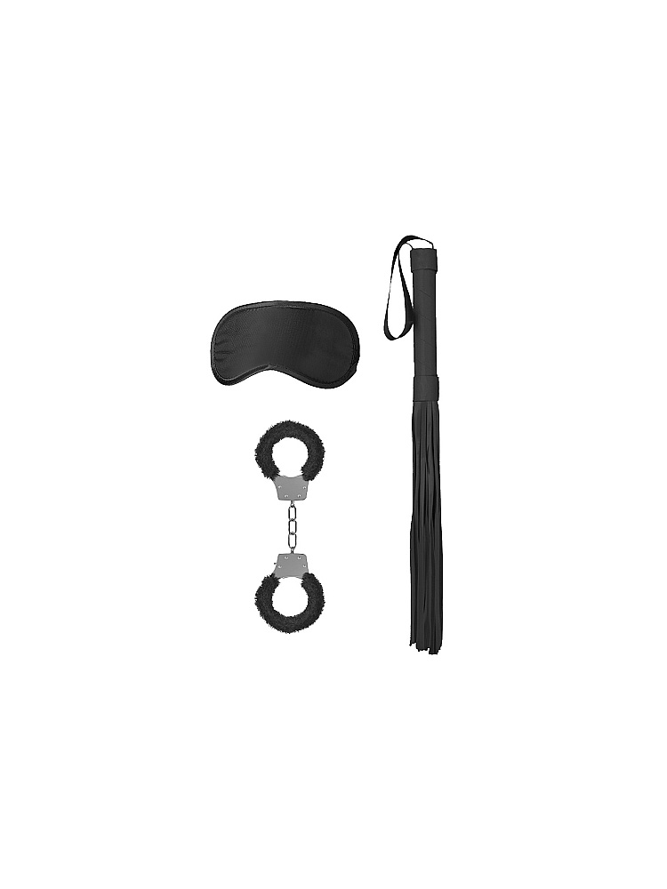 Kit bondage per principianti fornito di flogger, manette con pelo e mascherina tutto di colore nero